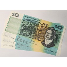 AUSTRALIA 1991 . TEN 10 DOLLARS BANKNOTE . FRASER/COLE . CONSEC TRIO . LAST PREFIX MRR